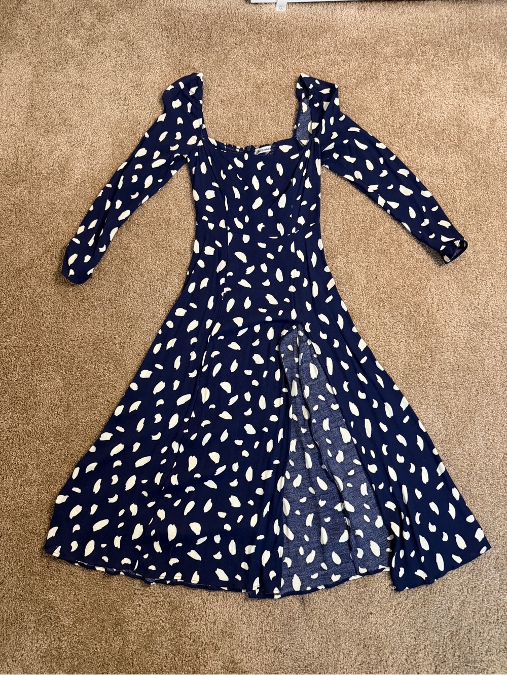 Reformation Navy Long Sleeve Square Neck Midi Dress with White Spot Print